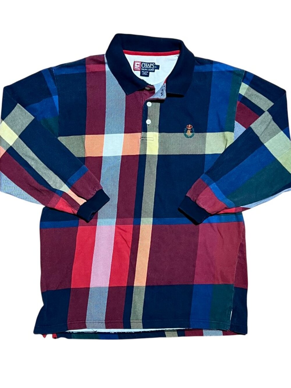 Chaps Ralph Lauren Vintage 90s Plaid Rugby Polo Long Sleeve Shirt, Men's Large